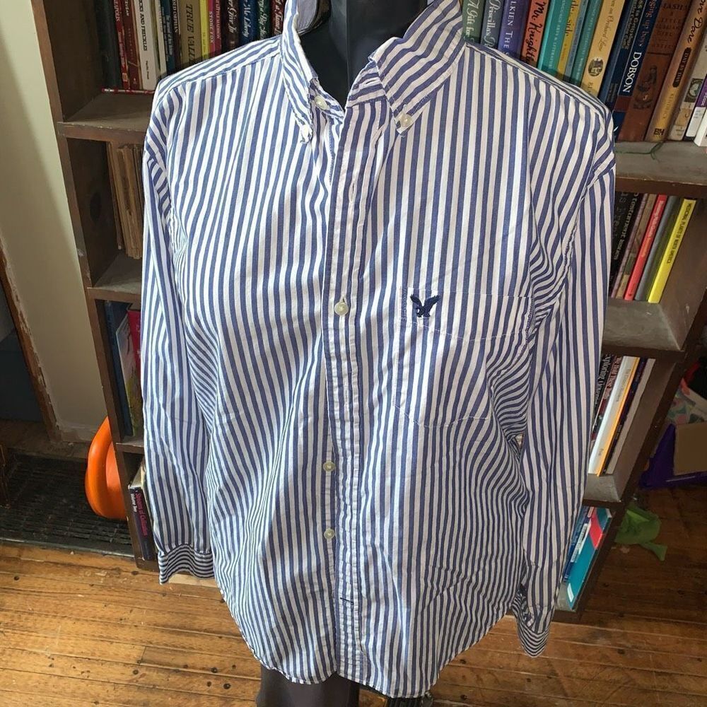 Americanย Eagleโblue & white striped classic fit L button downโshirt
